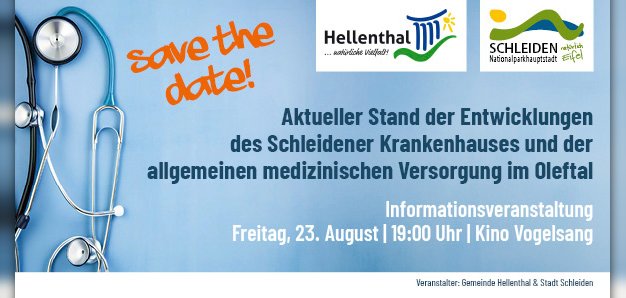 Infoveranstaltung zur Entwicklung des Schleidener Krankenhauses am 23.08.2024 um 19:00 Uhr im Kino Vogelsang.