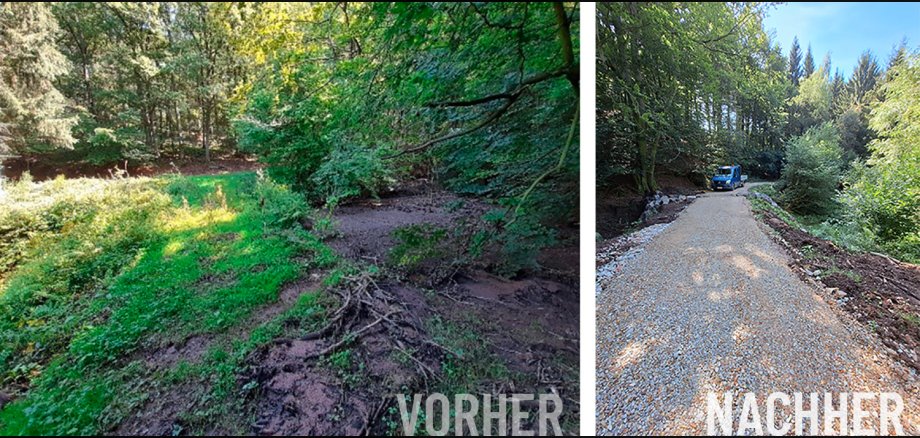 Vorher: Delenbach: Der natürliche Rückhalteraum verlandete und der Weg wurde durch den Starkregen zerstört. Nachher: Delenbach: Der Weg wurde wieder aufgebaut und der Rückhalteraum wieder hergestellt (ausgebaggert). Zudem wurde eine Furt auf dem Weg angelegt, so dass im Falle einer Überlastung das Wasser abgeführt werden kann, ohne den Weg zu zerstören.